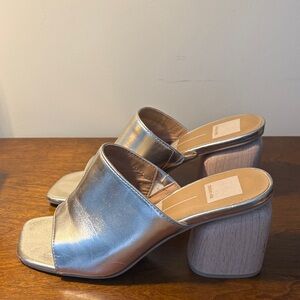 Dolce Vita Metallic Silver Mules with Wooden Block Heel